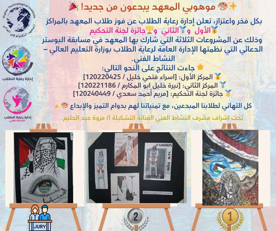 طلابنا يبدعون ويحصدون المراكز الأولى في مسابقة البوستر الدعائي بالإدارة العامة لرعاية الطلاب بوزارة التعليم العالي – النشاط الفني